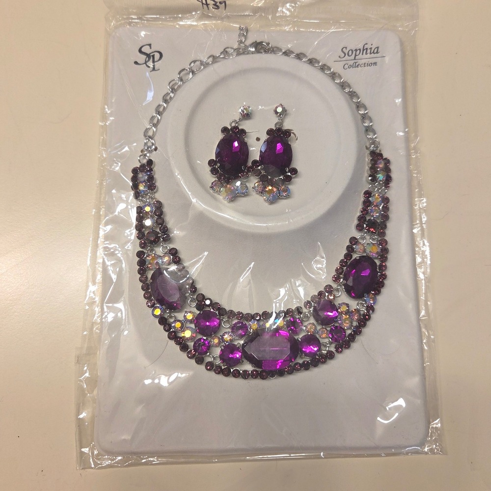 Sophia Collection Purple Crystal Rhinestone Necklace and Earring Set